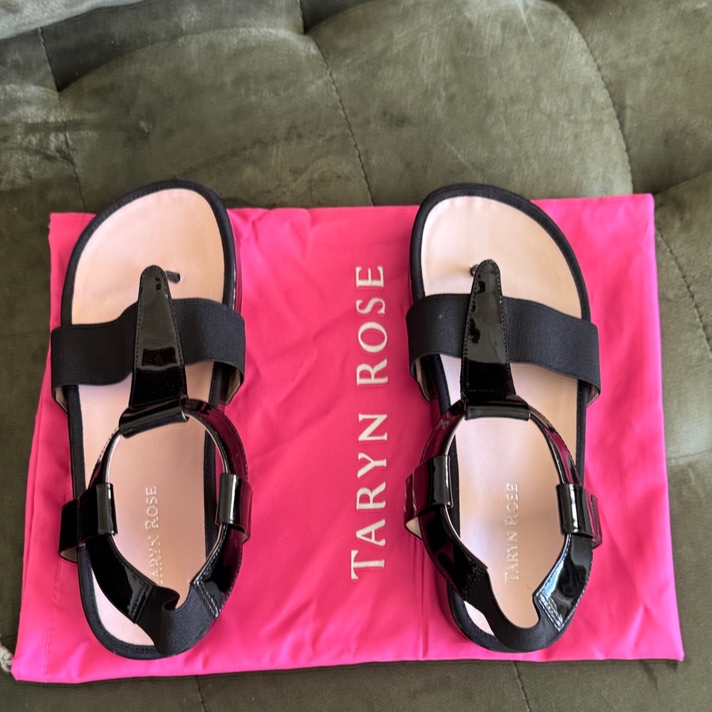 Taryn Rose Black Patent Leather T-Strap Sandals